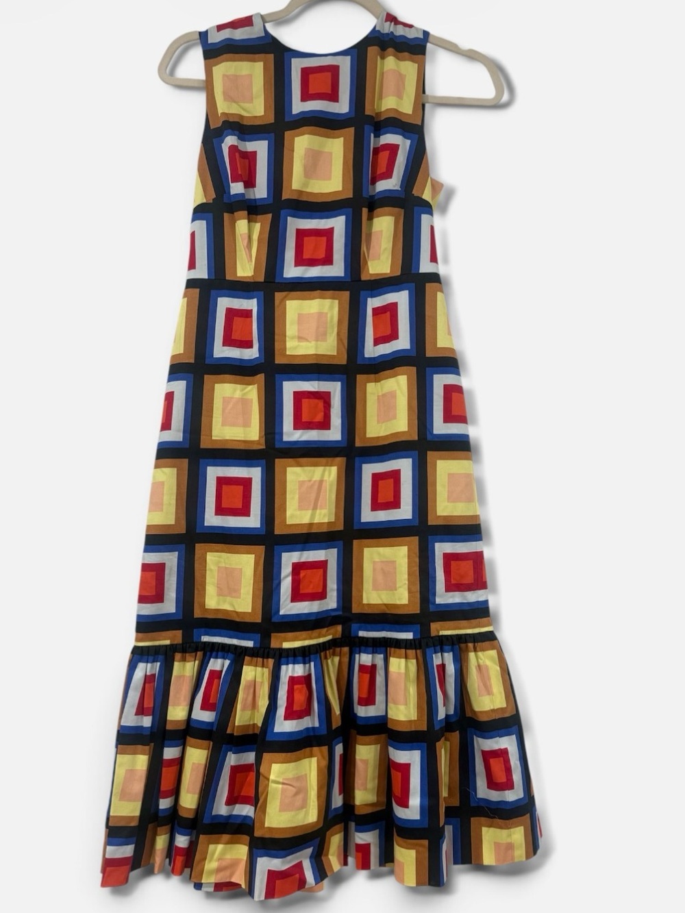 Kate Spade - Geometric Square Print Sleeveless Midi Dress - Yellow, Red, Blue